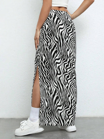 EZwear Zebra Striped Split Thigh Maxi Skirt
