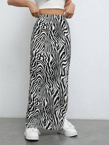EZwear Zebra Striped Split Thigh Maxi Skirt