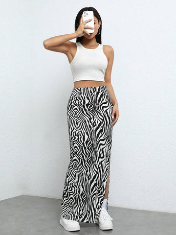 EZwear Zebra Striped Split Thigh Maxi Skirt