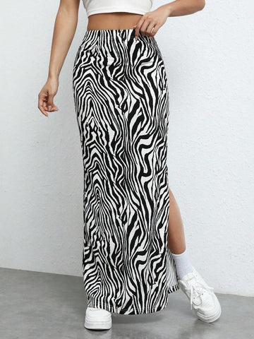 EZwear Zebra Striped Split Thigh Maxi Skirt