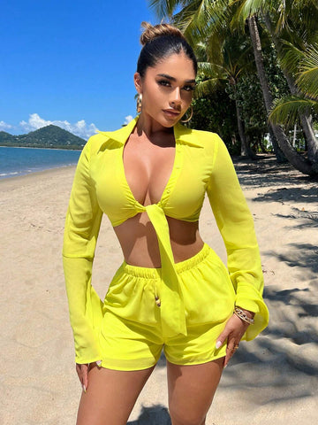 SXY Drawstring Waist Split Hem Shorts