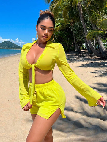 SXY Drawstring Waist Split Hem Shorts