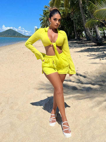 SXY Drawstring Waist Split Hem Shorts