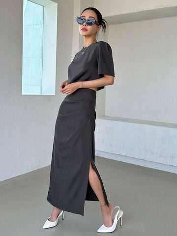 DAZY Solid Button Detail Crop Tee & Split Hem Skirt