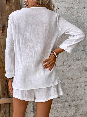 Patched Pocket Blouse & Drawstring Waist Shorts