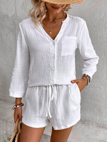 Patched Pocket Blouse & Drawstring Waist Shorts