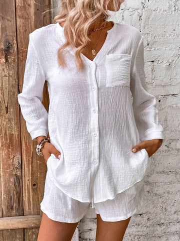 Patched Pocket Blouse & Drawstring Waist Shorts