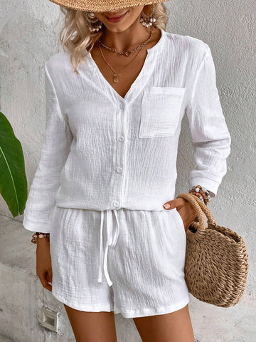 Patched Pocket Blouse & Drawstring Waist Shorts