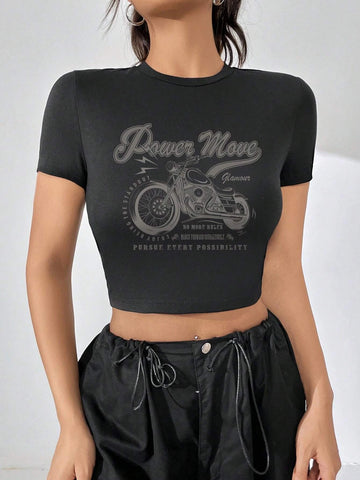 EZwear Motorcycle & Letter Graphic Crop Tee