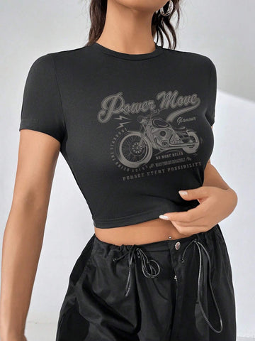 EZwear Motorcycle & Letter Graphic Crop Tee