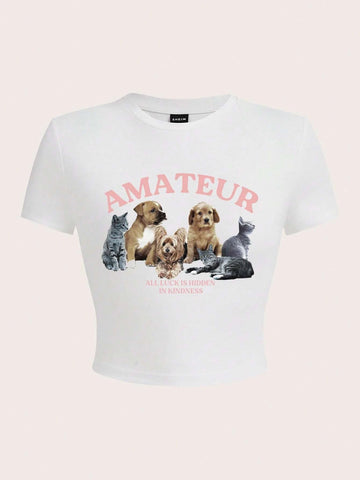 EZwear Dog & Slogan Graphic Crop Tee