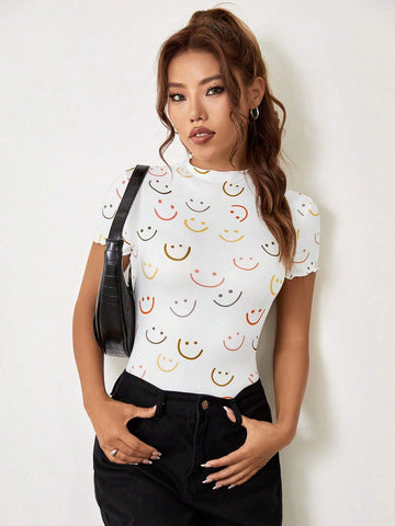 Allover Cartoon Graphic Mock Neck Bodysuit