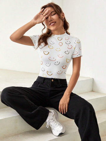 Allover Cartoon Graphic Mock Neck Bodysuit