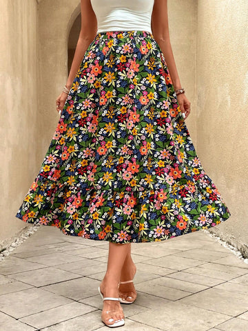 EMERY ROSE High Waist Floral Print Ruffle Hem Skirt