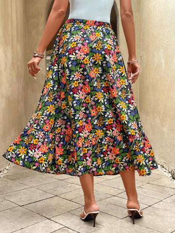 EMERY ROSE High Waist Floral Print Ruffle Hem Skirt