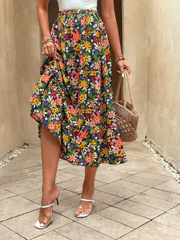 EMERY ROSE High Waist Floral Print Ruffle Hem Skirt