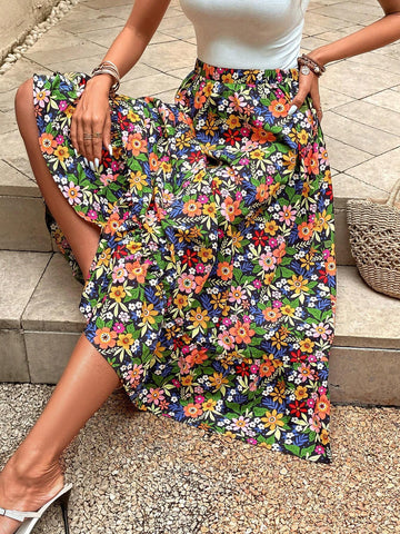 EMERY ROSE High Waist Floral Print Ruffle Hem Skirt