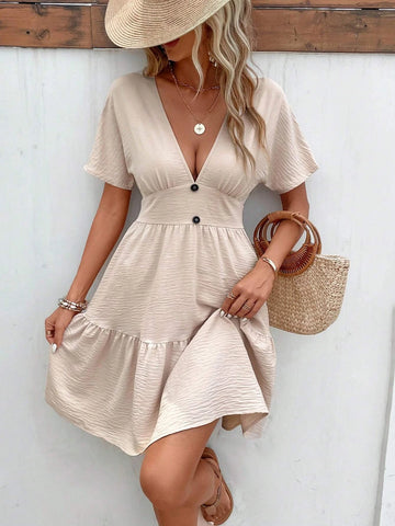 Plunging Neck Batwing Sleeve Ruffle Hem Dress