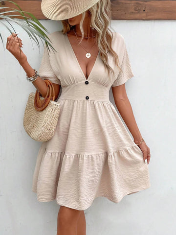 Plunging Neck Batwing Sleeve Ruffle Hem Dress