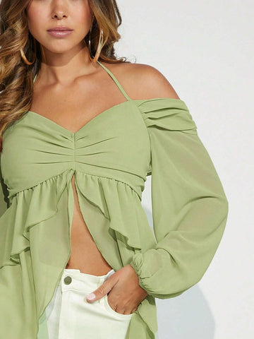 Ruched Front Ruffle Trim Asymmetrical Hem Chiffon Blouse