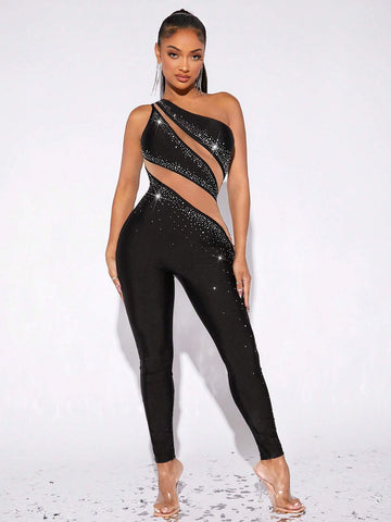 One Shoulder Sheer Mesh Insert Rhinestone Unitard Jumpsuit