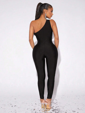 One Shoulder Sheer Mesh Insert Rhinestone Unitard Jumpsuit