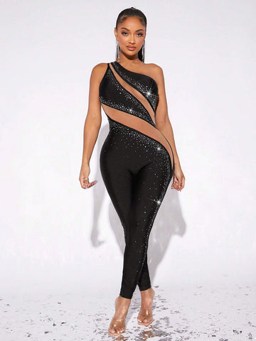 One Shoulder Sheer Mesh Insert Rhinestone Unitard Jumpsuit