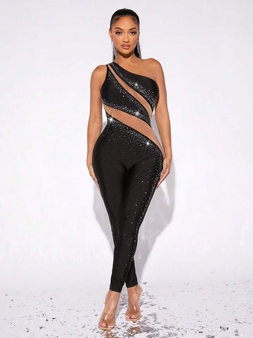 One Shoulder Sheer Mesh Insert Rhinestone Unitard Jumpsuit