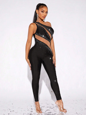 One Shoulder Sheer Mesh Insert Rhinestone Unitard Jumpsuit
