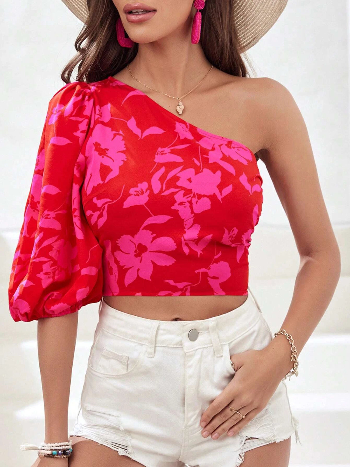 Floral Print One Shoulder Puff Sleeve Crop Blouse