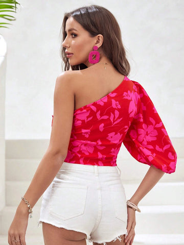 Floral Print One Shoulder Puff Sleeve Crop Blouse
