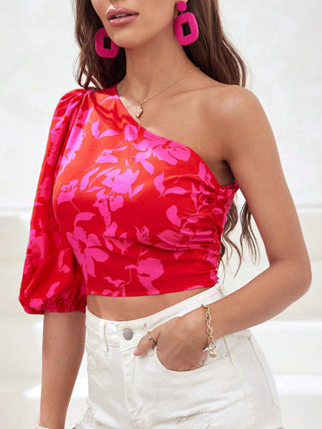 Floral Print One Shoulder Puff Sleeve Crop Blouse