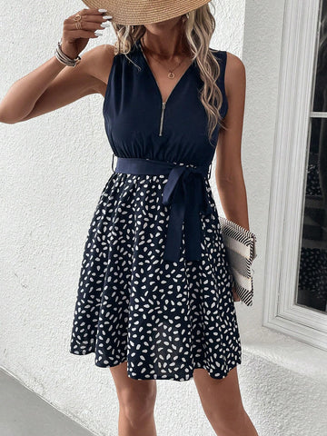 EMERY ROSE Dalmatian Print Zip Front Belted Dress