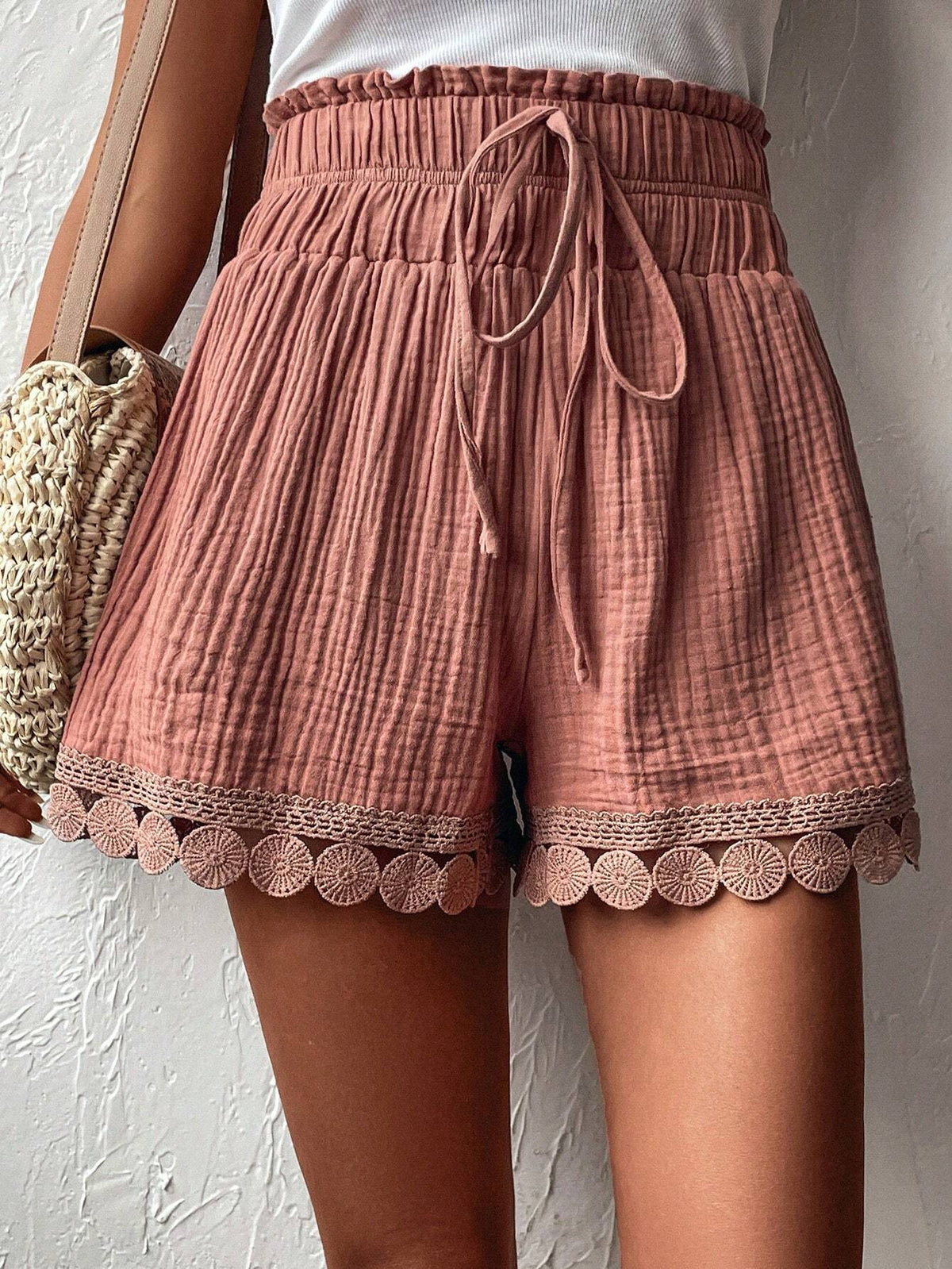 EMERY ROSE Guipure Lace Trim Tie Front Paperbag Waist Shorts