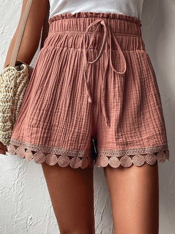EMERY ROSE Guipure Lace Trim Tie Front Paperbag Waist Shorts
