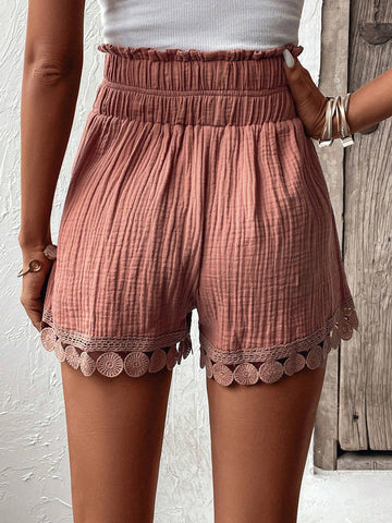 EMERY ROSE Guipure Lace Trim Tie Front Paperbag Waist Shorts