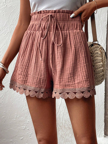 EMERY ROSE Guipure Lace Trim Tie Front Paperbag Waist Shorts