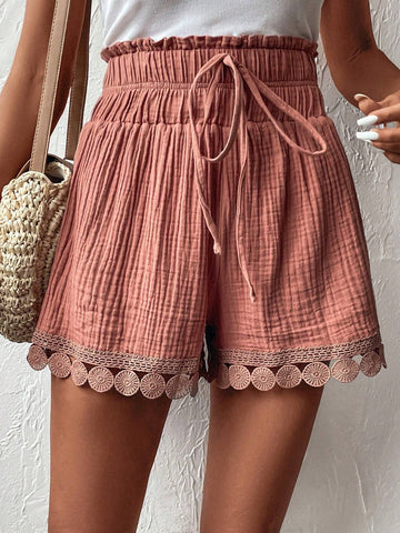 EMERY ROSE Guipure Lace Trim Tie Front Paperbag Waist Shorts