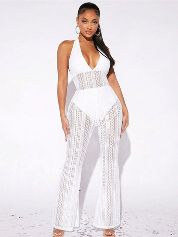 Hollow Out Halter Neck Lace Up Backless Flare Leg Jumpsuit Without Panty