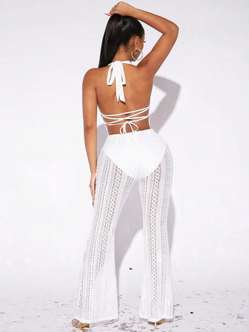 Hollow Out Halter Neck Lace Up Backless Flare Leg Jumpsuit Without Panty