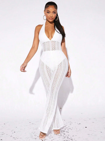 Hollow Out Halter Neck Lace Up Backless Flare Leg Jumpsuit Without Panty