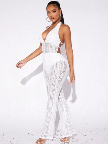 Hollow Out Halter Neck Lace Up Backless Flare Leg Jumpsuit Without Panty
