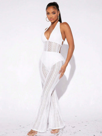 Hollow Out Halter Neck Lace Up Backless Flare Leg Jumpsuit Without Panty