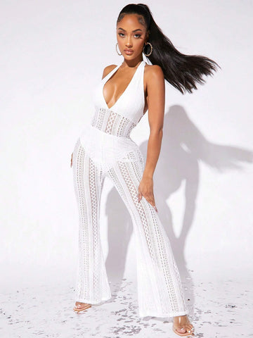 Hollow Out Halter Neck Lace Up Backless Flare Leg Jumpsuit Without Panty