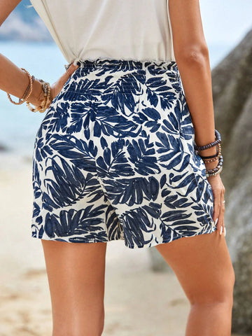 EMERY ROSE Tropical Print Paperbag Waist Shorts