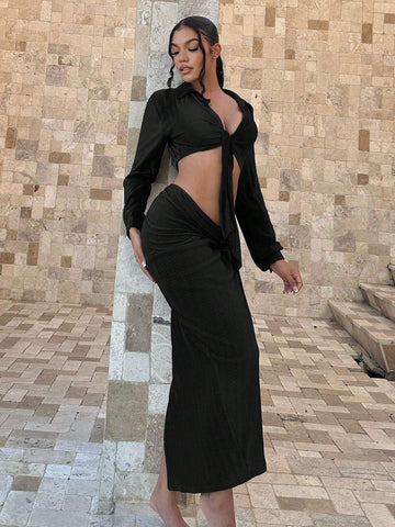 SXY Twist Front Split Thigh Skirt