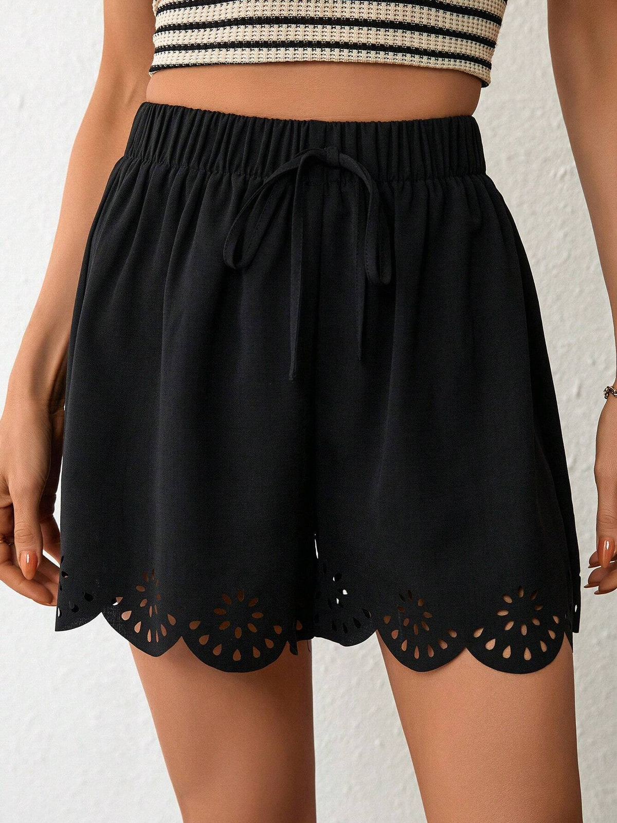 Unity Laser Cut Out Scallop Trim Tie Front Shorts