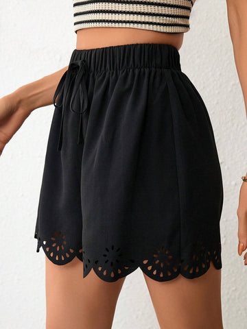 Unity Laser Cut Out Scallop Trim Tie Front Shorts