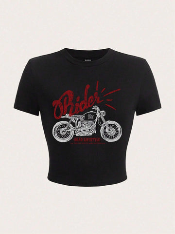 EZwear Motorcycle & Letter Graphic Crop Tee