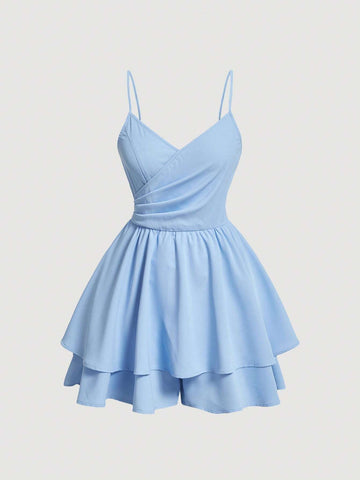 Solid Ruffle Hem Cami Romper